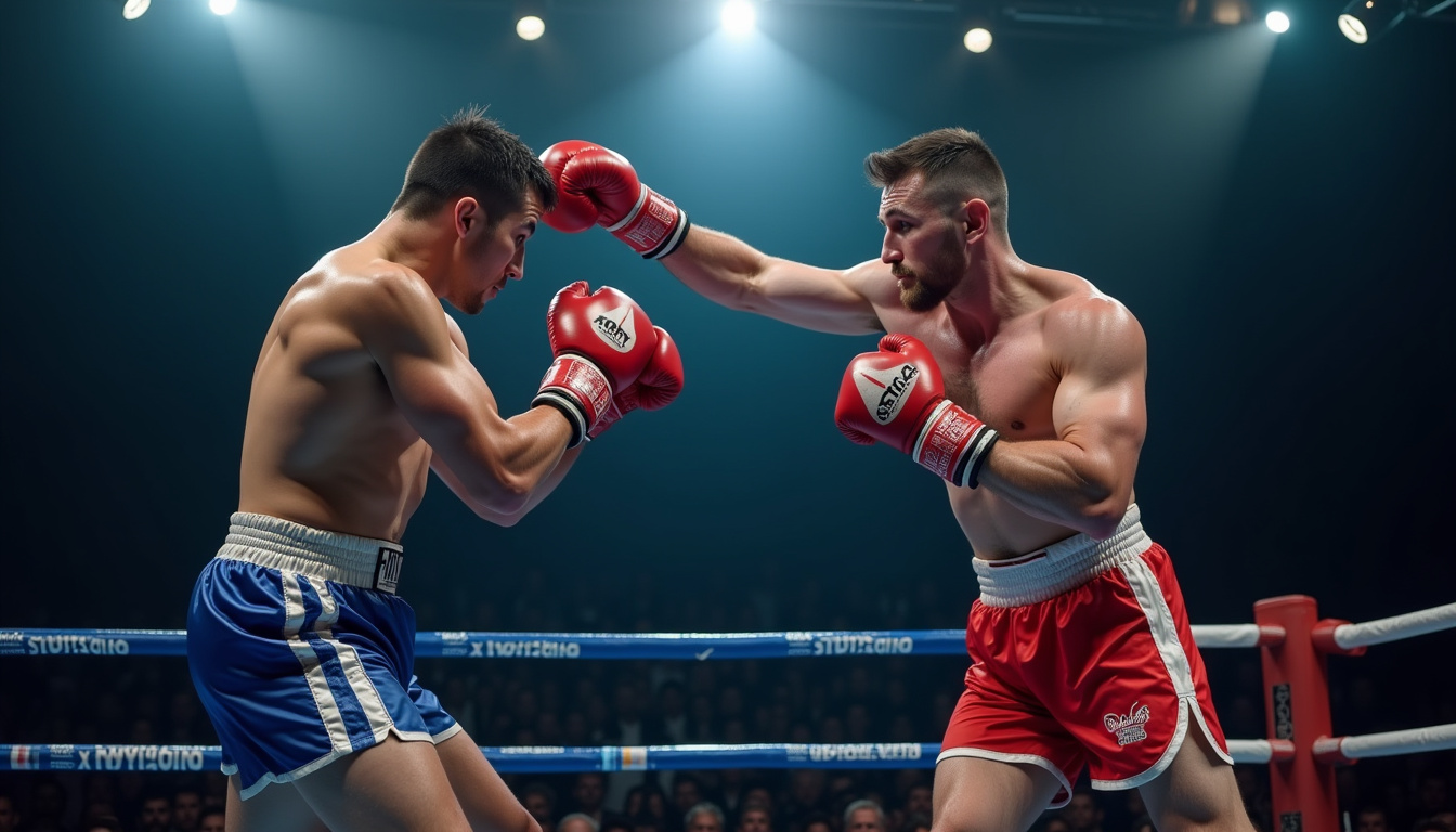 Affiche de combat moderne mettant en scène des boxeurs inspirés par le style de Wladimir Klitschko