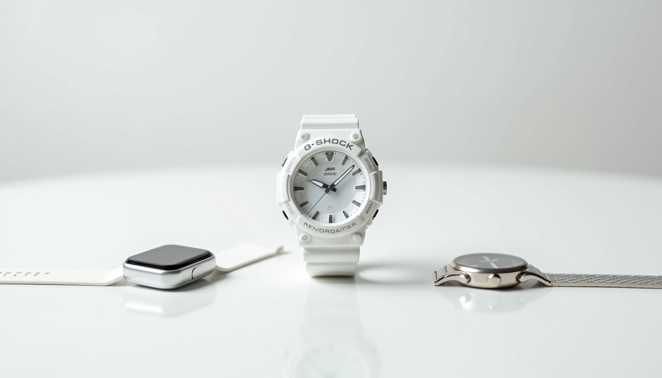 Comparaison entre une G-Shock blanche, une montre connectée et une montre fashion