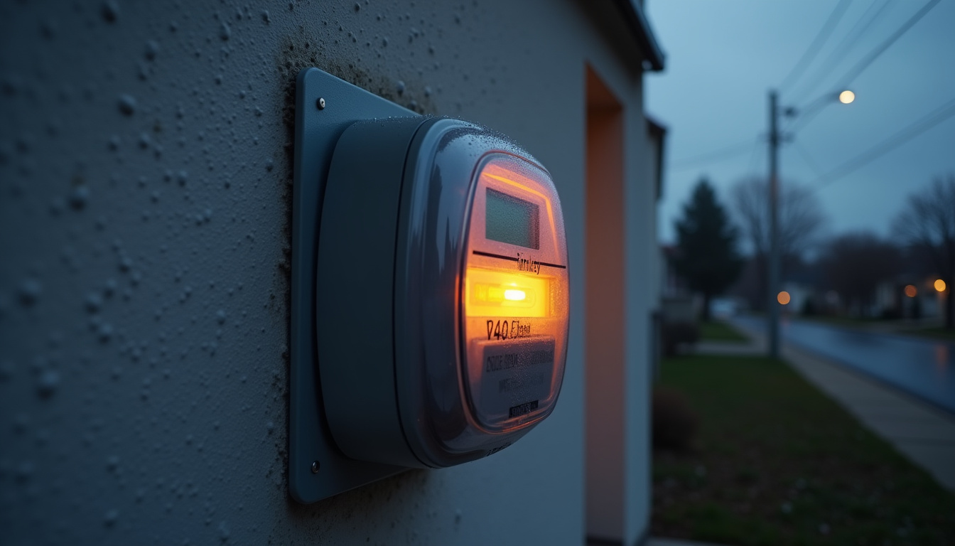 Compteur électrique Linky installé sur un mur d'extérieur, avec affichage numérique allumé