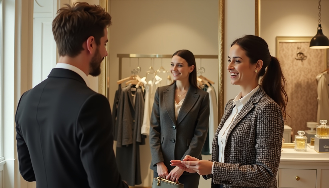 Conseillère en boutique Chanel souriant à une cliente lors d’un essayage