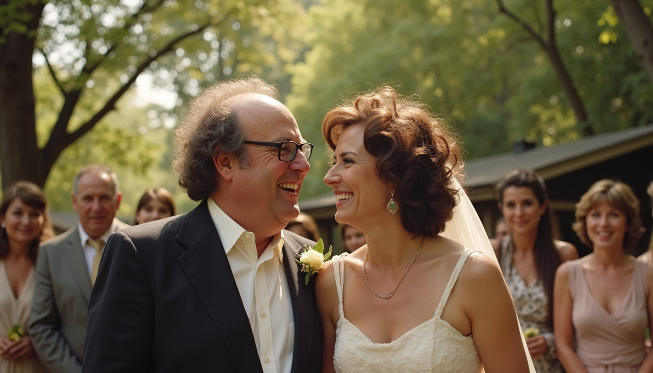 Danny DeVito et Rhea Perlman lors de leur mariage discret en 1982, entourés de proches dans un cadre simple