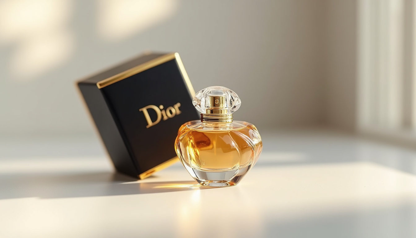 Flacon de parfum Dior entouré de son emballage doré et de sa boîte de luxe
