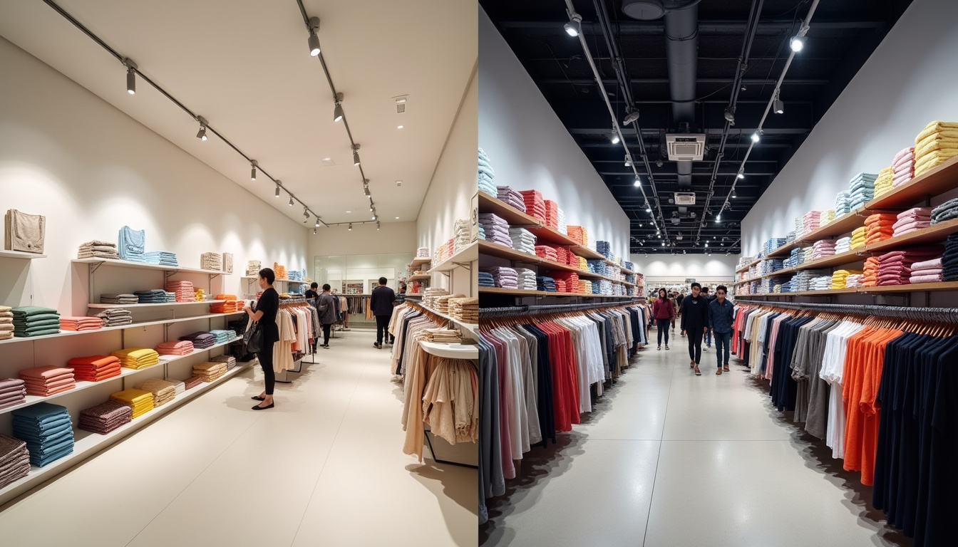 Intérieur d'un magasin Uniqlo comparé à un magasin de mode rapide, lumière et agencement