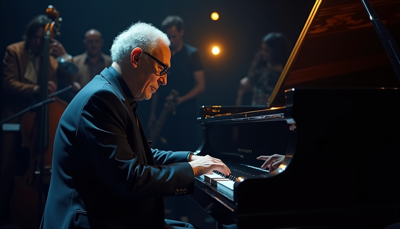 Jeff Goldblum en concert avec son orchestre de jazz, vêtu d'un costume élégant, jouant du piano sous les projecteurs