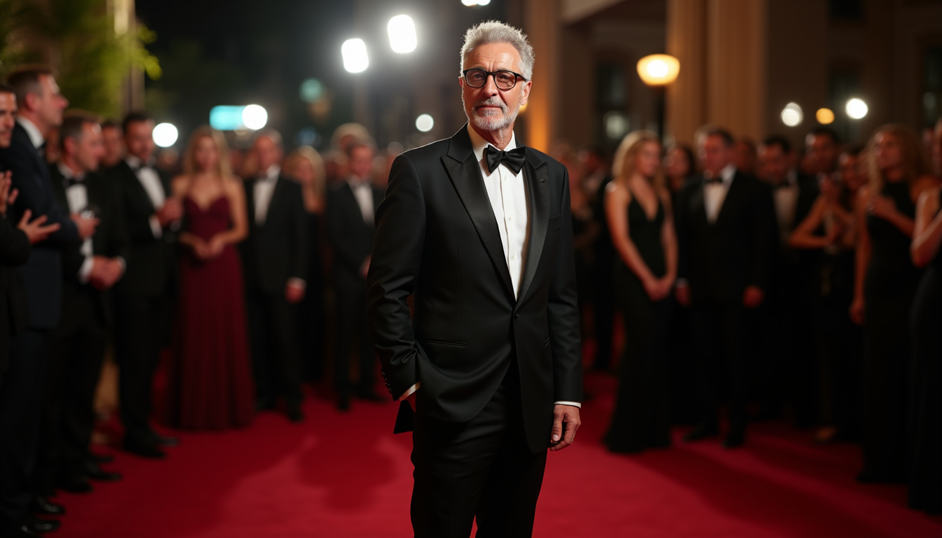 Jeff Goldblum sur un tapis rouge, en costume, dépassant nettement les autres invités présents autour de lui