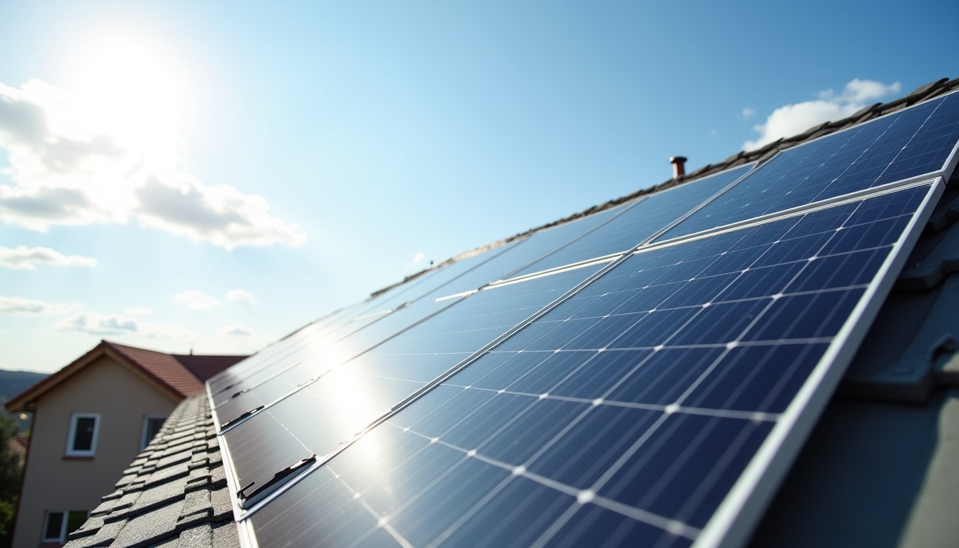 Panneaux solaires installés sur une toiture en pente, en journée ensoleillée