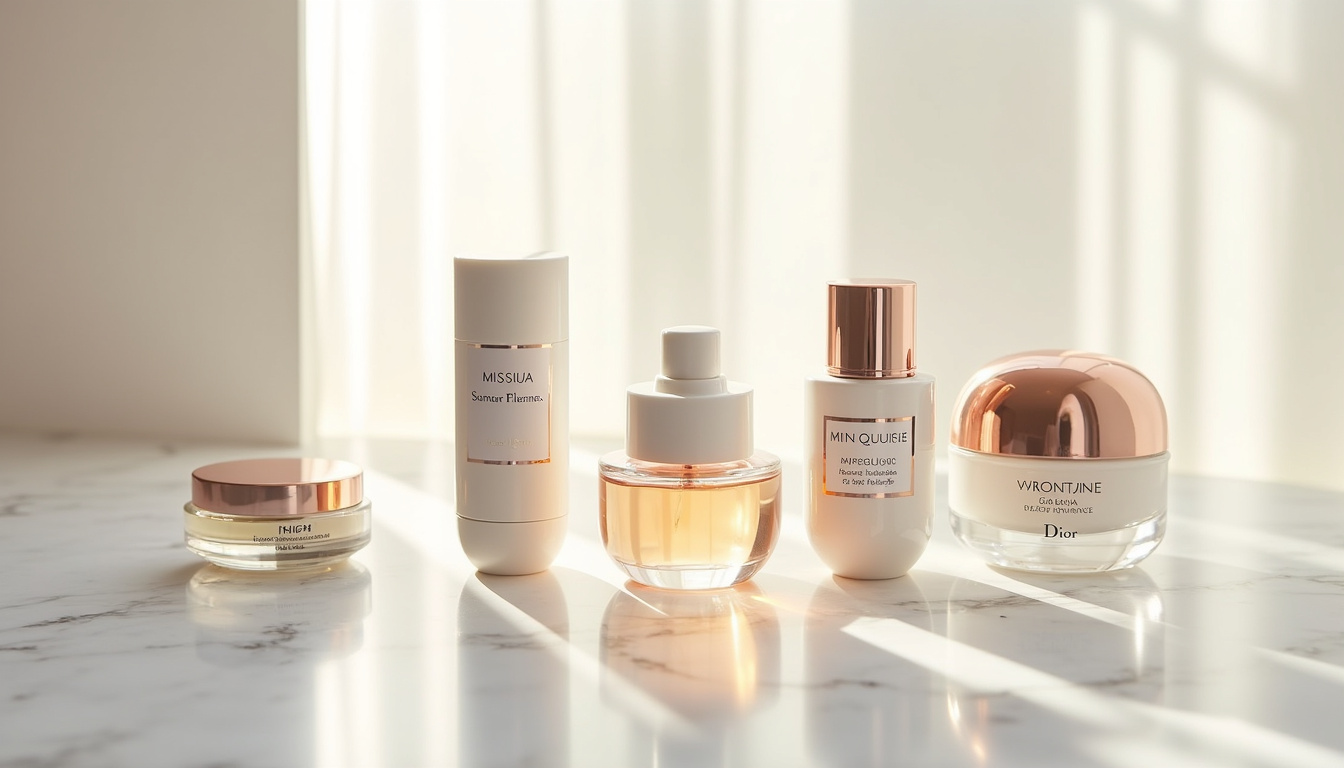 Produits Dior: soins du visage, maquillage et parfums disposés sur une surface claire