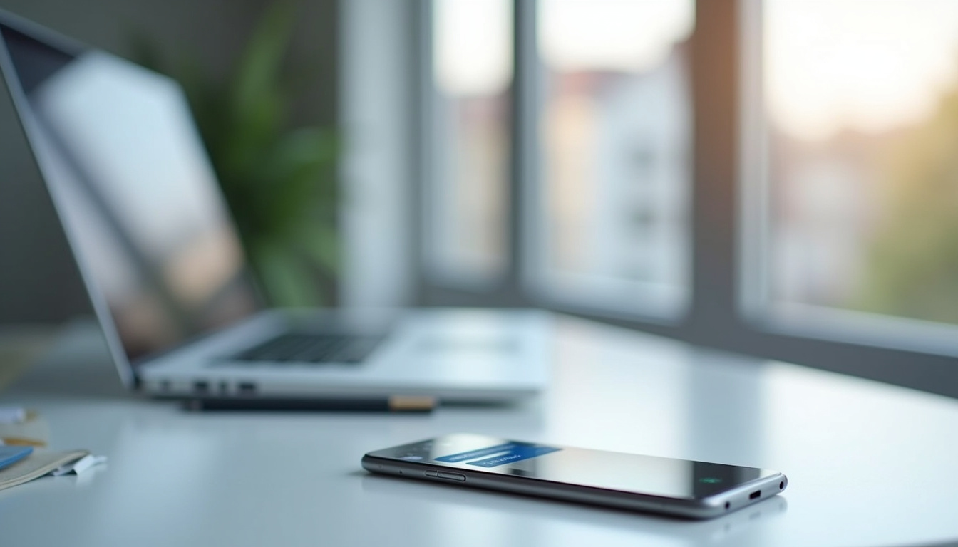 Téléphone portable affichant un écran de chat avec un service client, sur fond flou de bureau