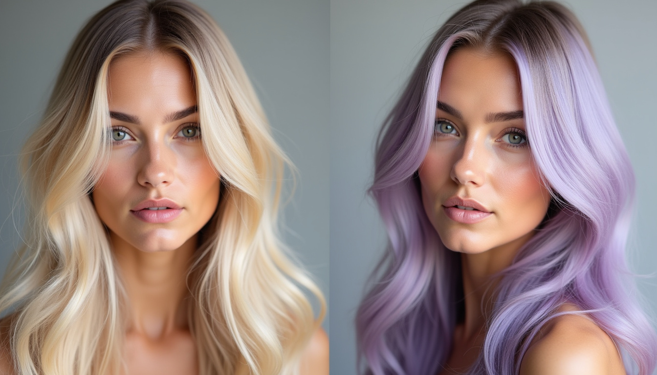 Transformation de cheveux blonds après application d'une patine violette, avant et après