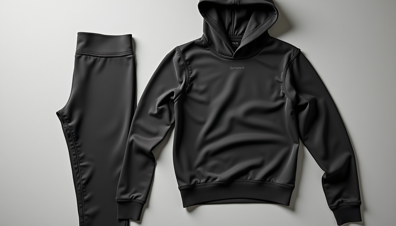 Vêtements de sport Gymshark étalés sur fond clair avec détail sur les coutures et le logo