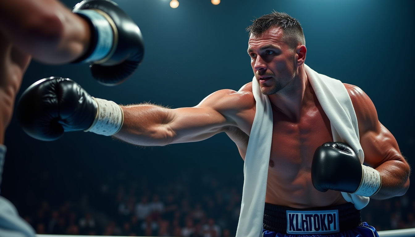 Wladimir Klitschko utilisant son allonge pendant un combat, bras tendu vers son adversaire
