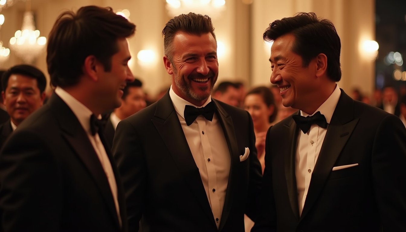 Yao Ming entouré de David Beckham et Jackie Chan lors d