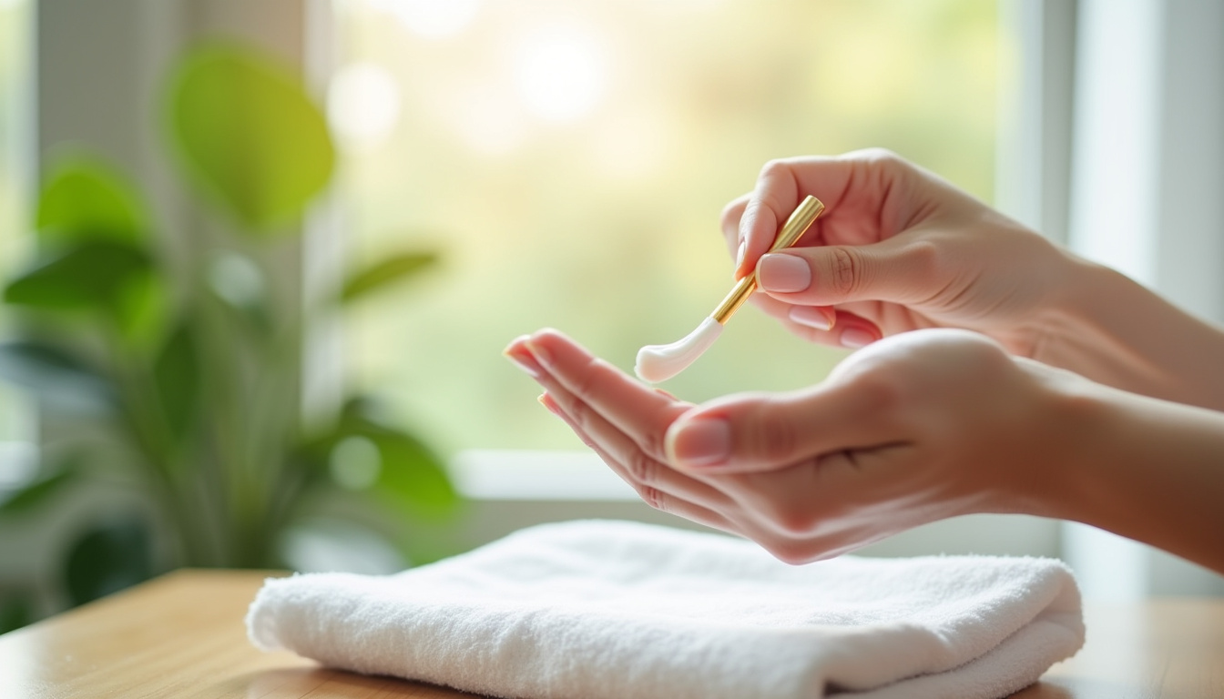 Application d’un soin ohmycream sur le visage, mains propres, environnement lumineux et naturel