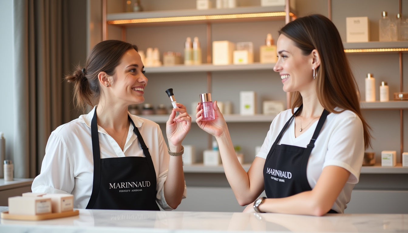 Cliente en train de recevoir un conseil beauté en boutique Marionnaud, conseillère en train de montrer un produit