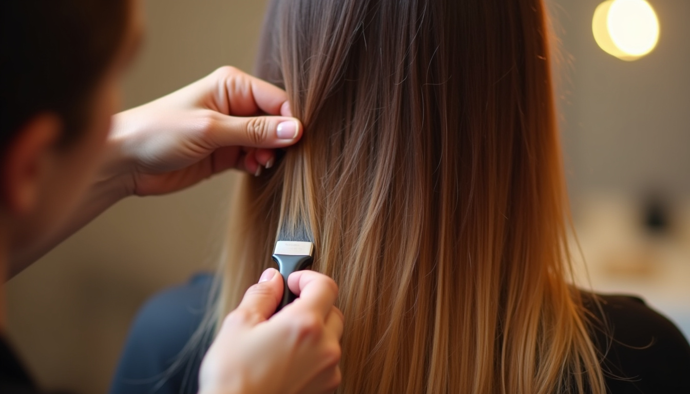 Coiffeuse appliquant un soin gloss éclaircissant sur des cheveux bruns avec balayage miel