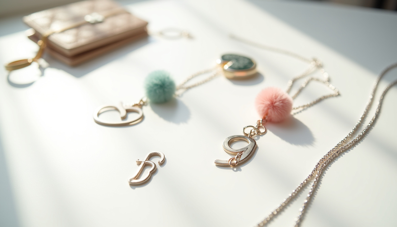 Différents types de bijoux de sacs: charms métalliques, pompons, breloques en forme de lettres, chaînes décoratives