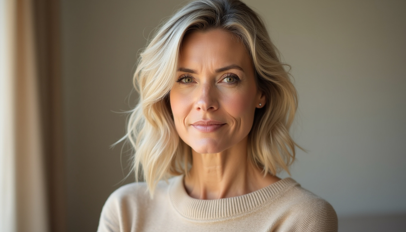 Femme de 50 ans avec un carré long effilé pour visage rond