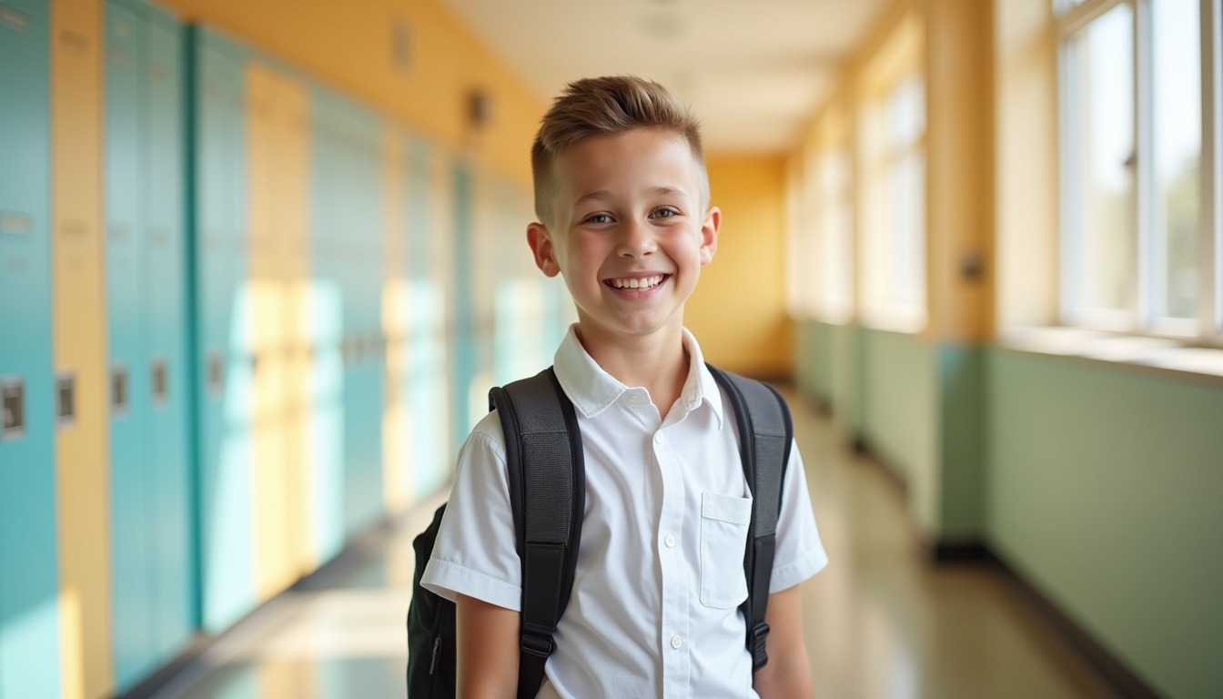 Garçon souriant avec une coupe courte bien entretenue, en milieu scolaire