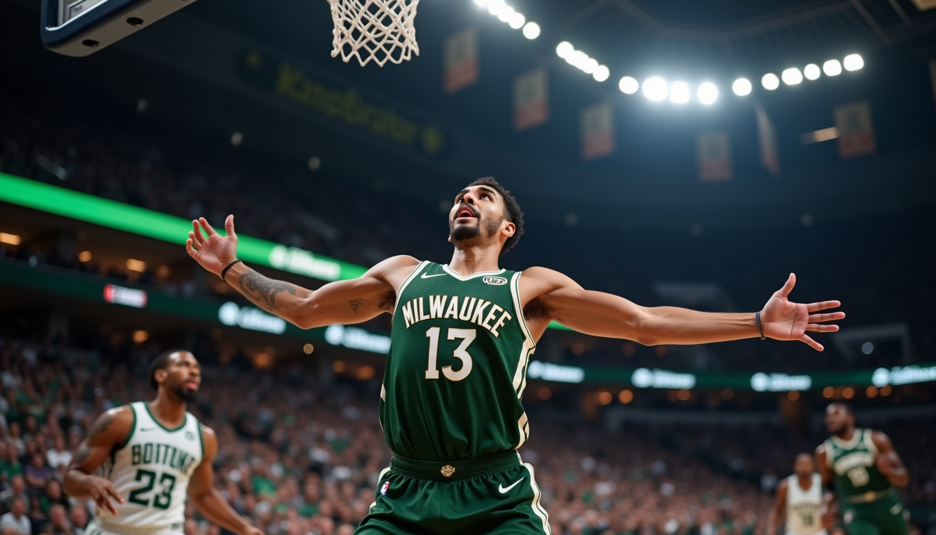 Giannis Antetokounmpo utilisant son envergure pour bloquer un tir en défense lors d’un match des Milwaukee Bucks