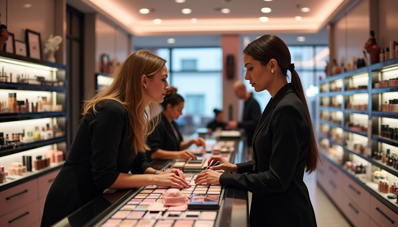 Intérieur d'une boutique Sephora avec présentoirs organisés et conseillers en uniforme noir