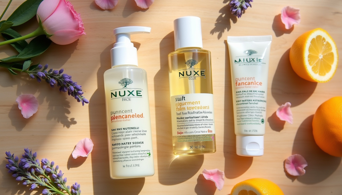 Produits Nuxe alignés avec leurs ingrédients naturels mis en avant sur les emballages