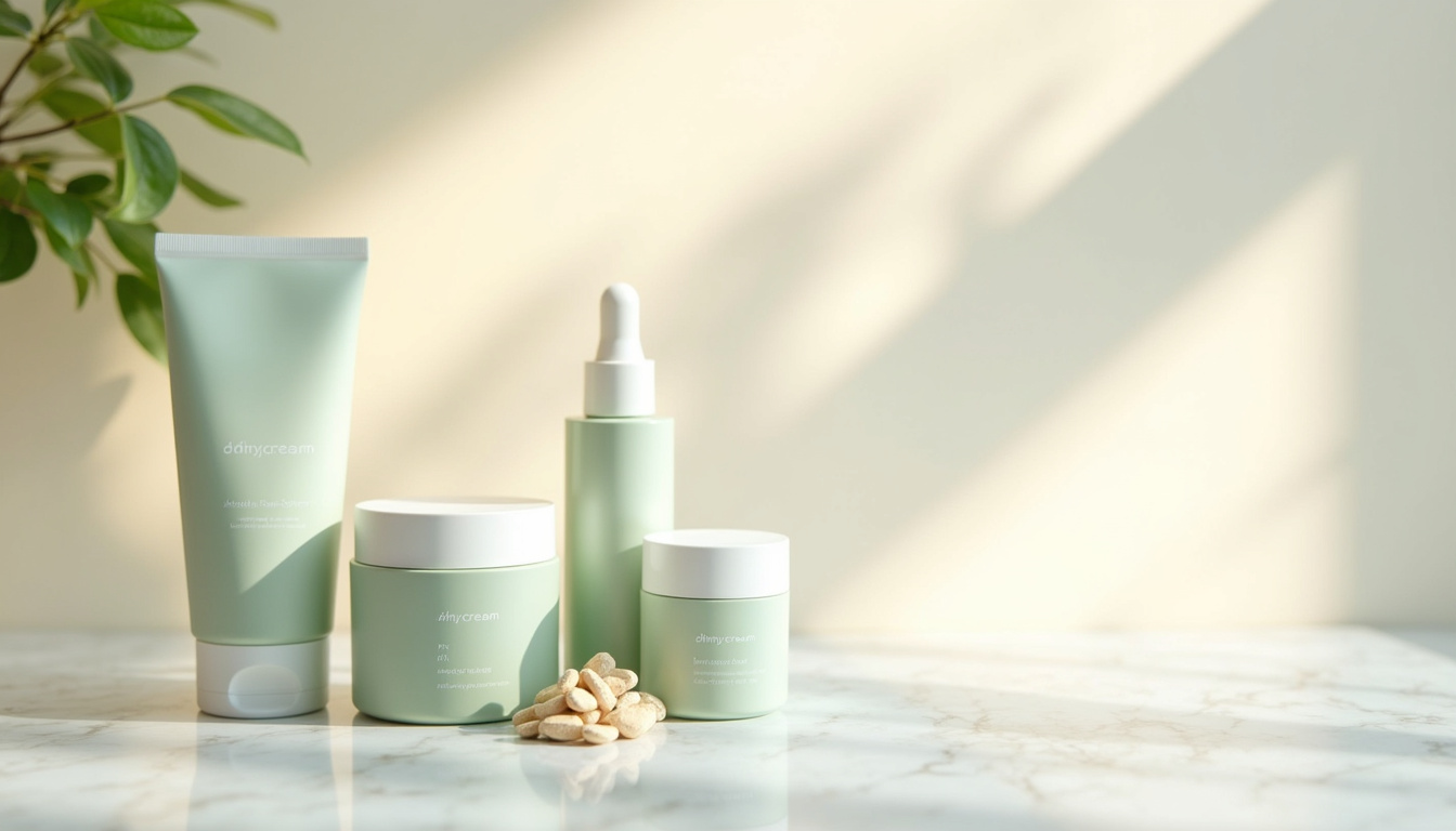 Produits ohmycream disposés sur une surface claire avec éclairage naturel: crèmes, sérums et compléments alimentaires