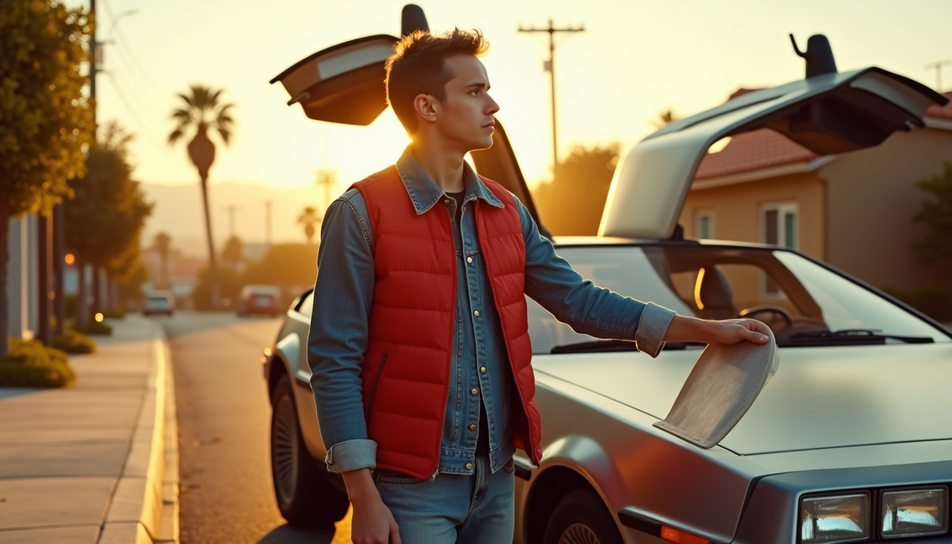 Scène emblématique de Michael J Fox dans Retour vers le futur, près de la DeLorean