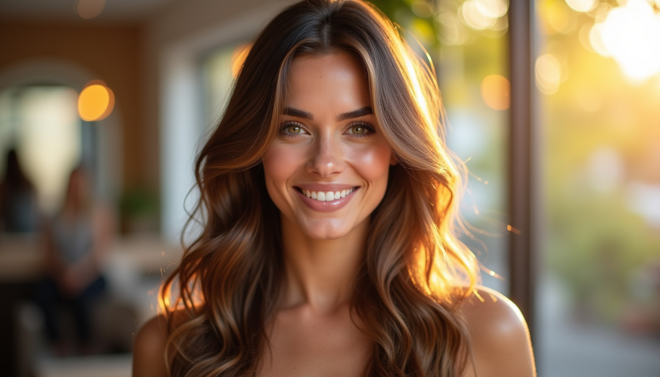Transformation avant après d'une femme brune avec un balayage miel sur les longueurs