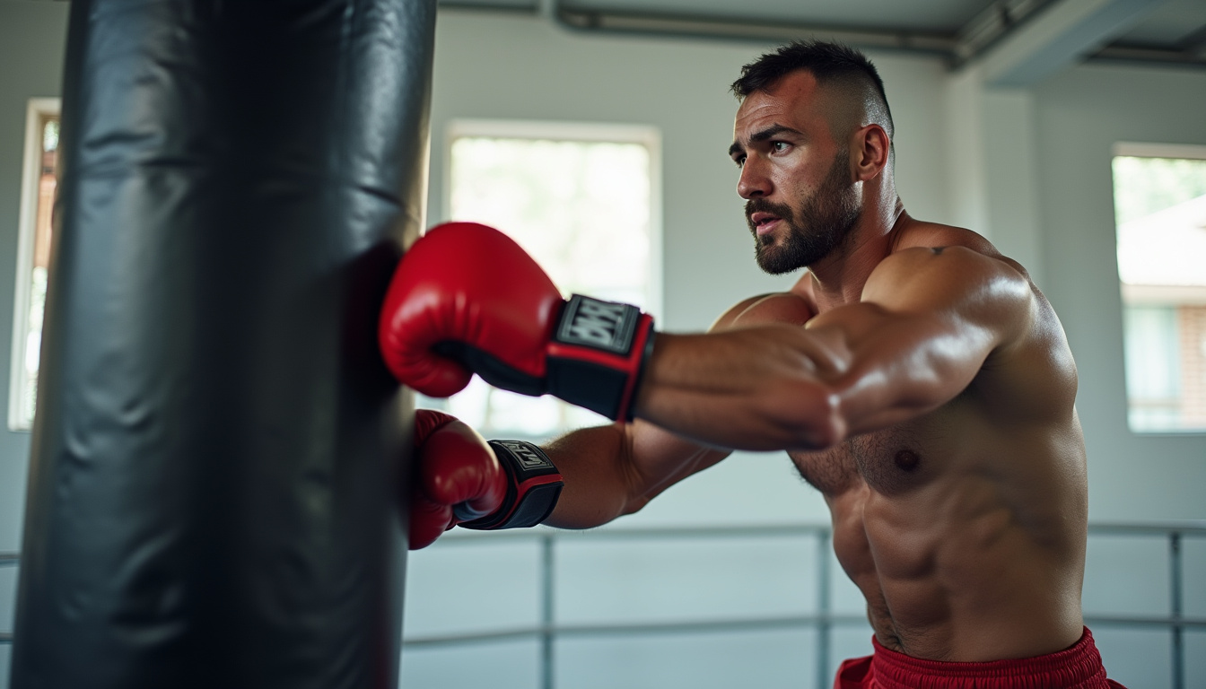 Tyson Fury en plein entraînement avec un punching-ball, montrant sa technique et sa mobilité