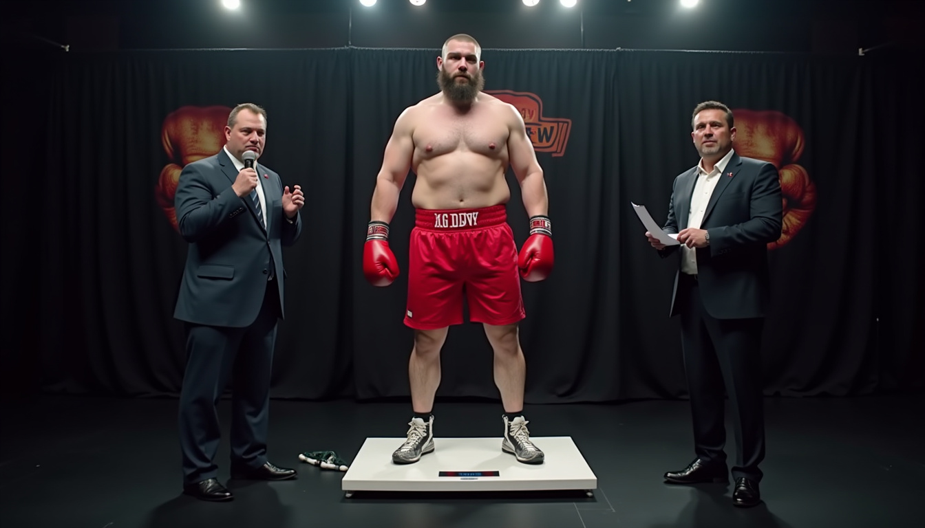 Tyson Fury lors d'une pesée officielle encadré par des officiels de la boxe