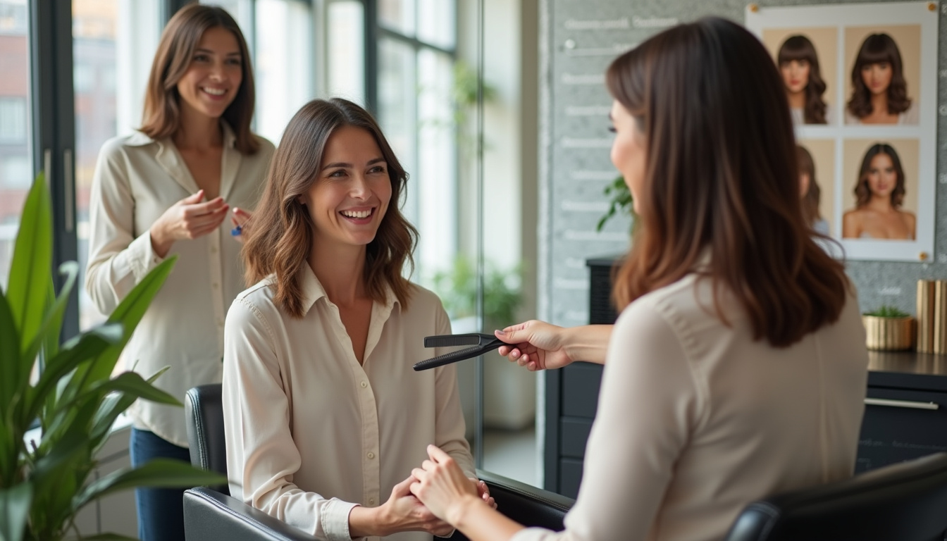 Discussion entre une cliente et son coiffeur pour choisir une coupe carré frange effilée adaptée