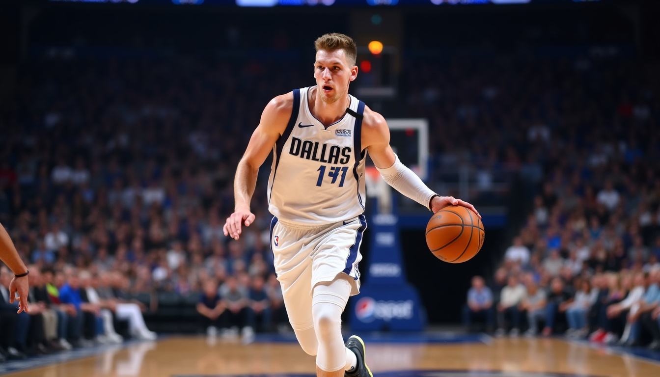 Kristaps Porzingis en action sur le terrain, en pleine course avec le ballon