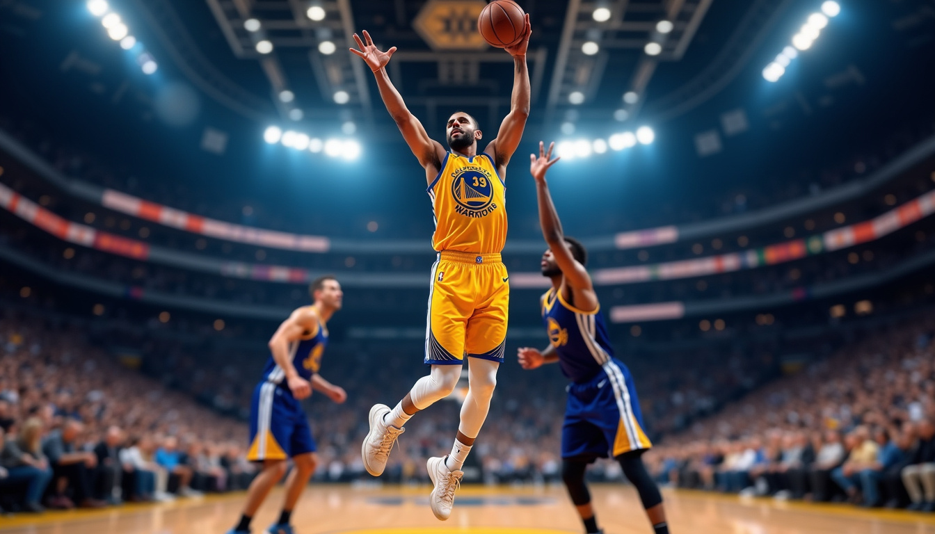 Kristaps Porzingis en maillot des Warriors, en pleine action contre un défenseur
