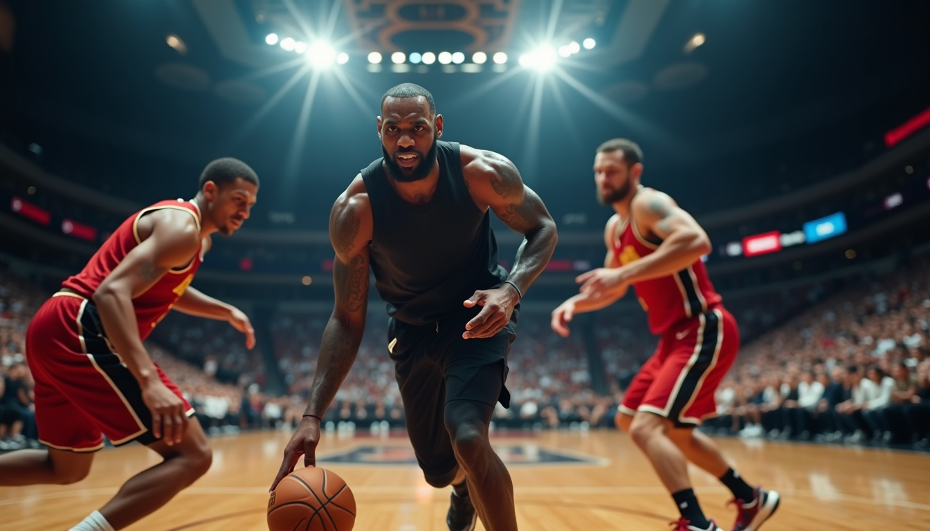 LeBron James en action sur le terrain, dribblant entre deux défenseurs