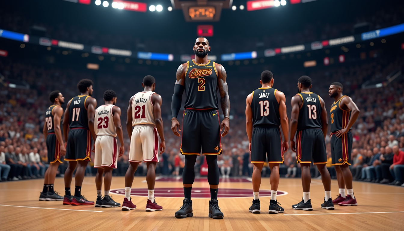 LeBron James en comparaison de taille avec d'autres joueurs NBA lors d'un match officiel