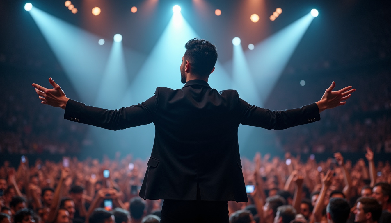 Nick Jonas sur scène en 2026, portant un costume ajusté et interagissant avec le public