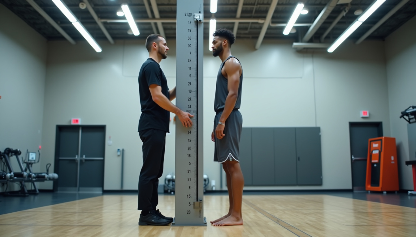 Procédure officielle de mesure d'un joueur de NBA sans chaussures, avec un cadre de mesure vertical