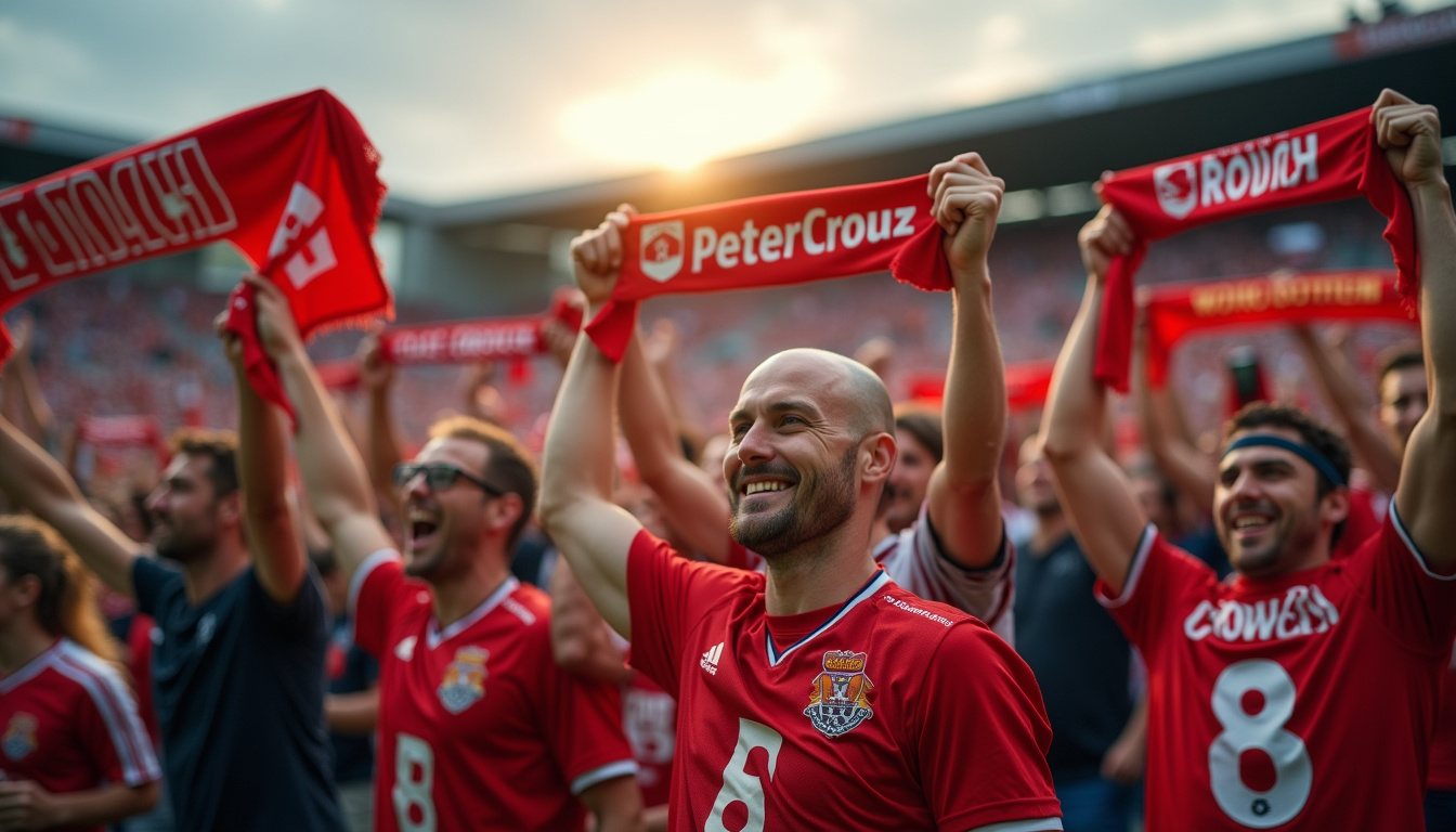Supporters rendant hommage à Peter Crouch avec des pancartes et des maillots, célébrant son impact culturel