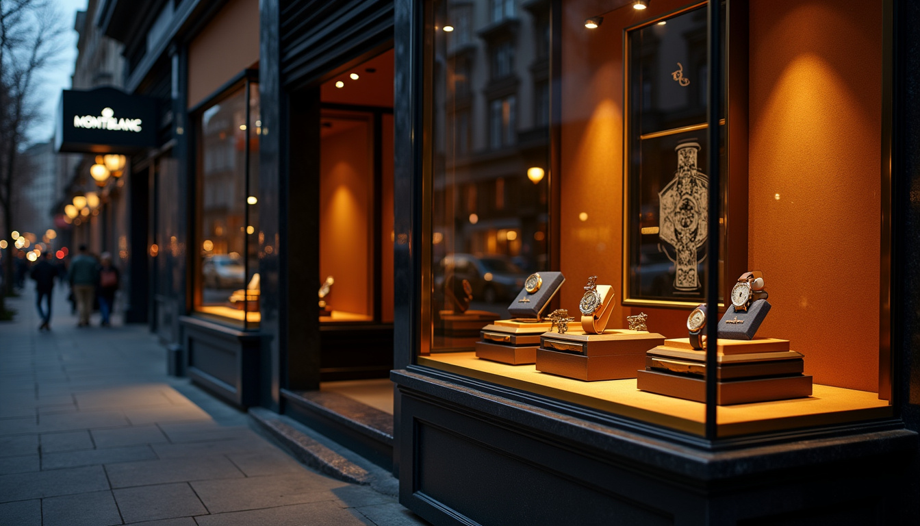 Vitrine d'une boutique Montblanc avec exposition de montres et stylos de luxe